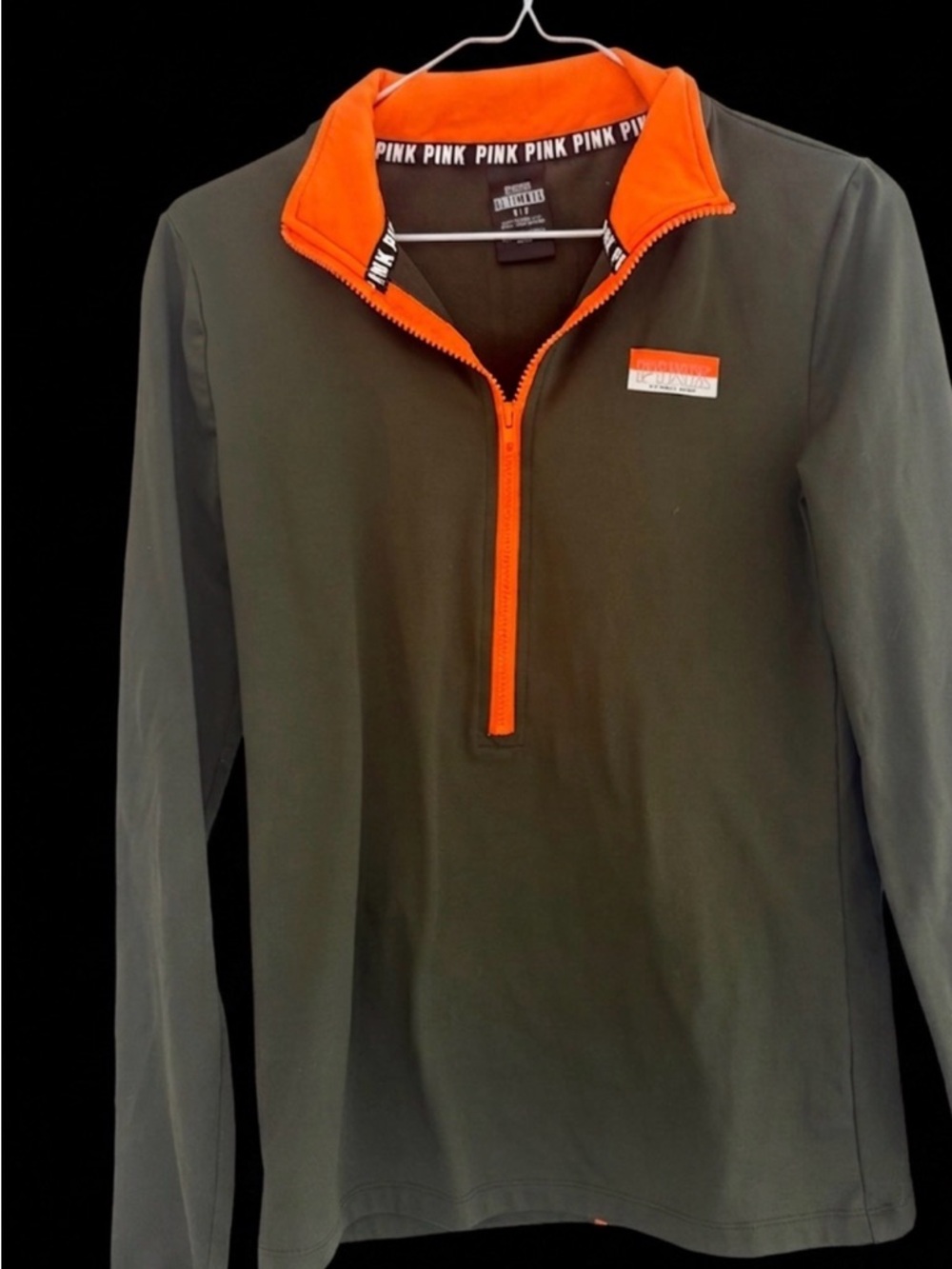 PINK Quarter-Zip Pullover in Olive with Bright Orange Trim. Victoria Secret